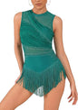Women Sexy Rhinestone Fringe Latin Showgirl Bodysuit
