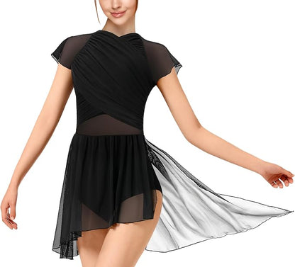 Women Lyrical Dance Costume Dress Contemporary Water Drop Hollow Back Front Crossover Mesh Asymmetrical Skirt