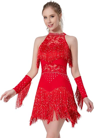 Women Latin Dress Lace Rhinestone Fringe Skirt Ballroom Salsa Cha Cha Dance Party Dress with Armband