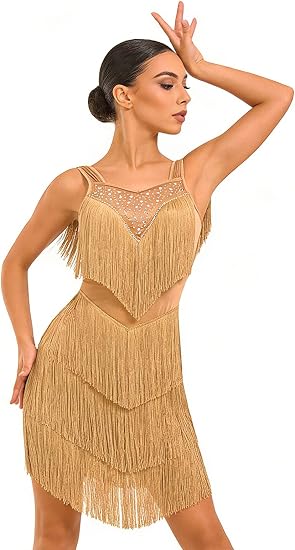 Women's Latin Dance Dress - Sparkly Rhinestones Fringe Salsa Ballroom Dance Outfit Stage Performance Costume