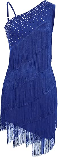 Asymmetric One Shoulder Latin Dance Dress for Women Rhinestones Fringe Dress 1920s Tassel Flapper Ballroom Dancewear