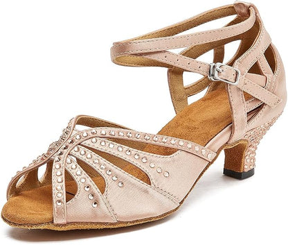 Women’s Ballroom Latin Salsa Dance Shoes, 2-Inch Low Heel, Comfortable with Rhinestones, Suede Sole, Lightweight, for Beginners, Practice, Social & Party