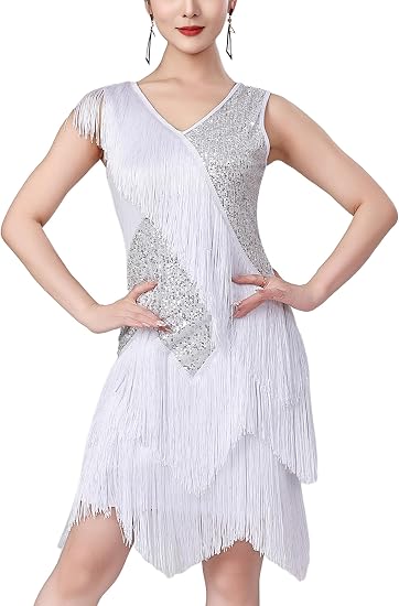 Women Sexy Fringe Latin Dance Dress Sequins Flapper Tassel Jazz Costume Sleeveless V-Neck Dancing Party Outfit