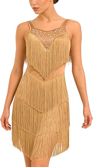 Women's Latin Dance Dress - Sparkly Rhinestones Fringe Salsa Ballroom Dance Outfit Stage Performance Costume