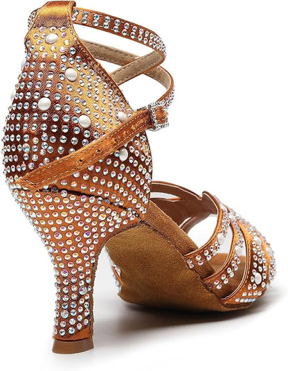 Women's Rhinestone Latin Dance Shoes - Comfortable Satin Salsa Bachata Heels for Wedding Party Performance & Practice (3'' Heel)