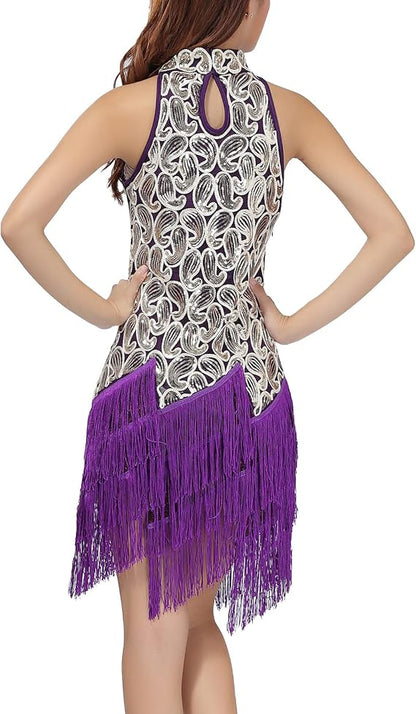 Women's Mock Neck Sequin Tassel Fringe Dress Salsa Latin Ballroom Rave Party Dance Costume