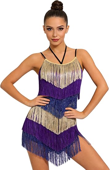 Women's Fringe Latin Dance Dress - Halter Backless Adjustable Cami Straps Color Block Salsa Ballroom Dance Costume