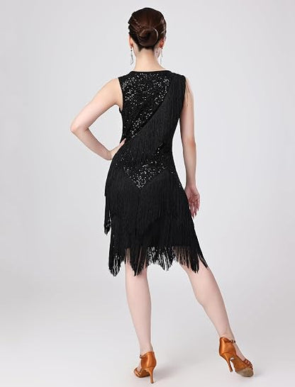 Women Sexy Fringe Latin Dance Dress Sequins Flapper Tassel Jazz Costume Sleeveless V-Neck Dancing Party Outfit