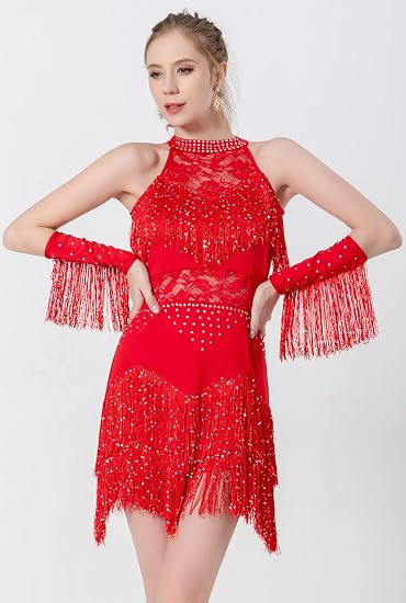 Women Latin Dress Lace Rhinestone Fringe Skirt Ballroom Salsa Cha Cha Dance Party Dress with Armband