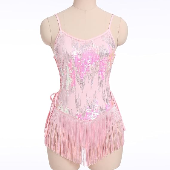 Sequin Fringe Bodysuit for Women Sparkly Hollow Out Tassel Romper Leotard Rave Latin Jazz Dance Costume