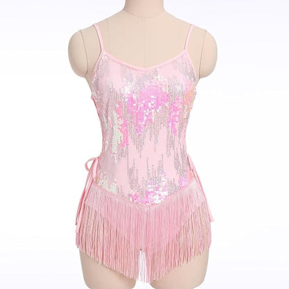 Sequin Fringe Bodysuit for Women Sparkly Hollow Out Tassel Romper Leotard Rave Latin Jazz Dance Costume