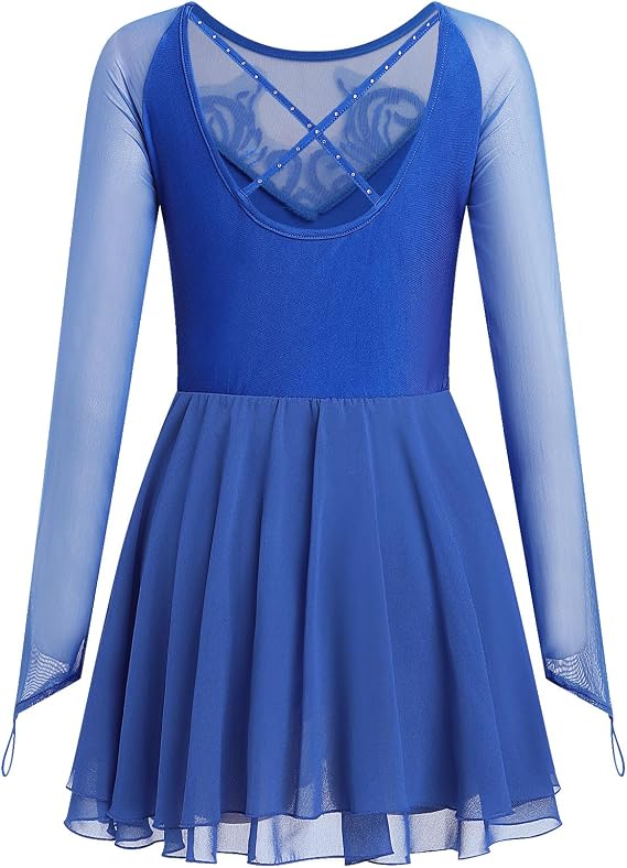 Women's Figure Ice Skating Dress Shiny Rhinestones Ballet Dance Dress Long Sleeve Competition Lyrical Chiffon Dress