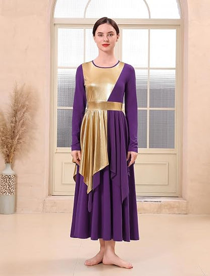 Metallic Praise Dance Dress for Women Asymmetric Ruffle Overlay Dresses Liturgical Lyrical Dancewear Worship Costume