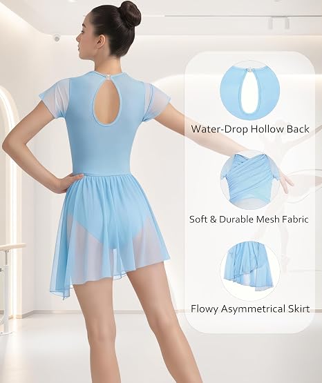 Women Lyrical Dance Costume Dress Contemporary Water Drop Hollow Back Front Crossover Mesh Asymmetrical Skirt