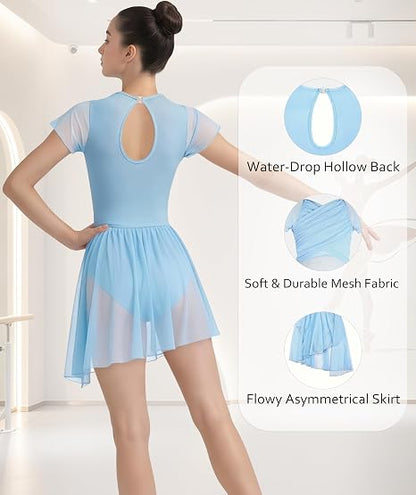 Women Lyrical Dance Costume Dress Contemporary Water Drop Hollow Back Front Crossover Mesh Asymmetrical Skirt