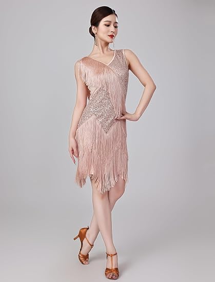 Women Sexy Fringe Latin Dance Dress Sequins Flapper Tassel Jazz Costume Sleeveless V-Neck Dancing Party Outfit