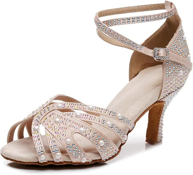 Women's Rhinestone Latin Dance Shoes - Comfortable Satin Salsa Bachata Heels for Wedding Party Performance & Practice (3'' Heel)