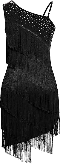 Women One Shoulder Fringe Latin Dance Dress Rhinestone Jazz Salsa Tassel Rave Costume Flapper Ballroom Dance Outfits