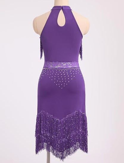 Sparkle Rhinestones Latin Dance Dress for Women Halter Tassel Sequin Fringe Flapper Dress 1920s Lace Ballroom Dance Costume