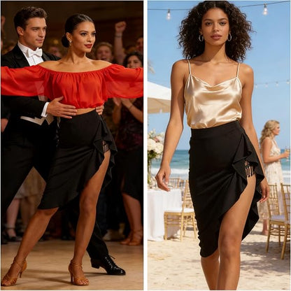 Black Skirt with Slit Asymmetrical Latin Dance Skirt with Shorts Salsa Ballroom Dance Clothes