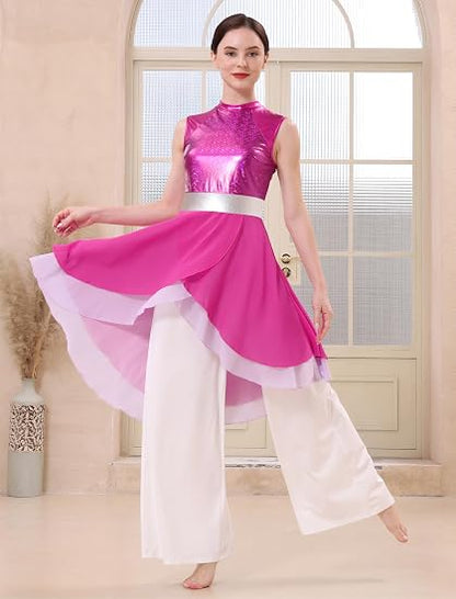 Metallic Color Block Praise Dance Overlay Dress for Women Asymmetrical Ruffle Worship Tunic Liturgical Dancewear