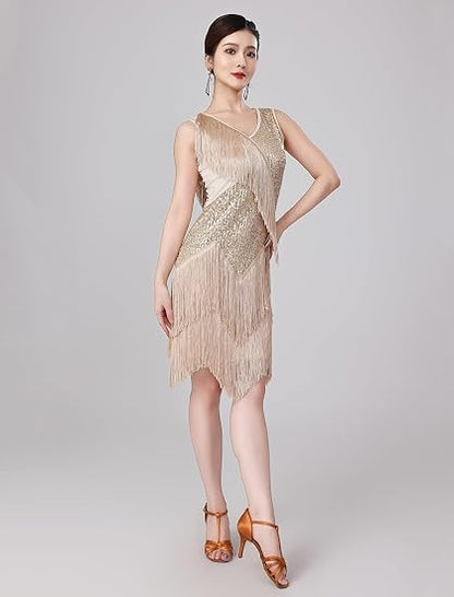 Women Sexy Fringe Latin Dance Dress Sequins Flapper Tassel Jazz Costume Sleeveless V-Neck Dancing Party Outfit