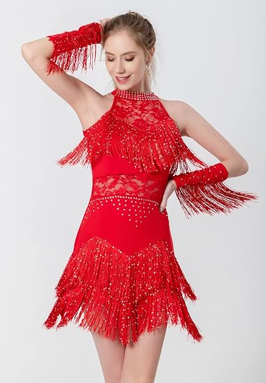 Women Latin Dress Lace Rhinestone Fringe Skirt Ballroom Salsa Cha Cha Dance Party Dress with Armband