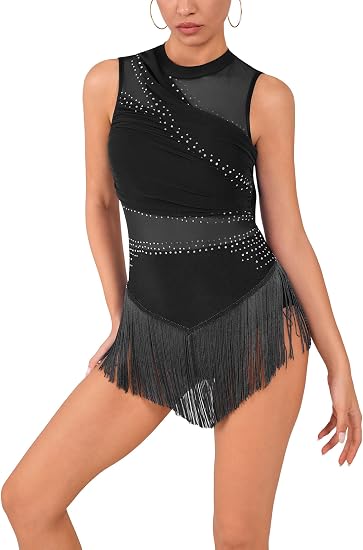 Women Sexy Rhinestone Fringe Latin Showgirl Bodysuit