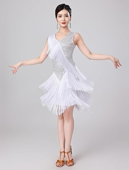 Women Sexy Fringe Latin Dance Dress Sequins Flapper Tassel Jazz Costume Sleeveless V-Neck Dancing Party Outfit