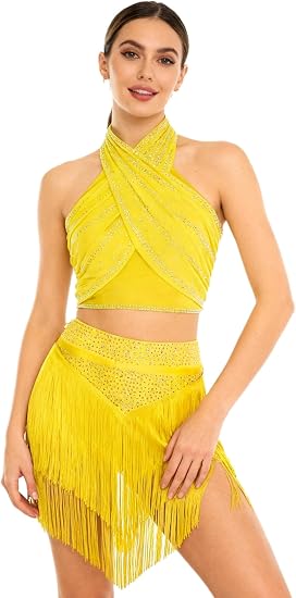 Women Tassel Chacha Samba Performance Rhinestone Dress Latin Dance Costume Fringe Salsa Dance Outfit