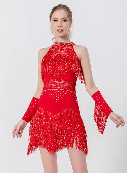 Women Latin Dress Lace Rhinestone Fringe Skirt Ballroom Salsa Cha Cha Dance Party Dress with Armband
