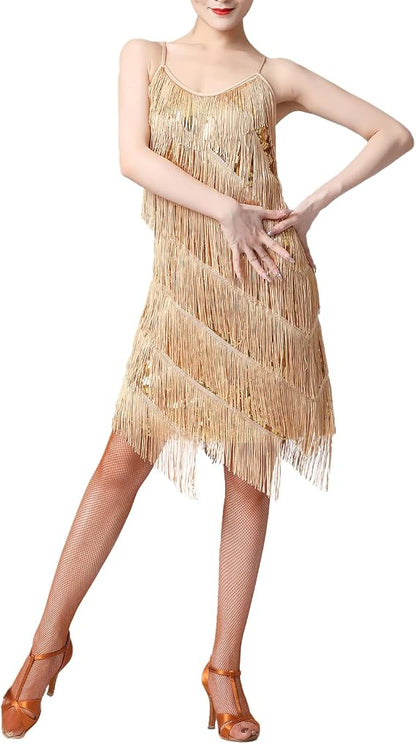Women Sequin Tassel Dress Sleeveless Stand Collar Fringe Latin Salsa Cha Cha Jazz Dance Costume