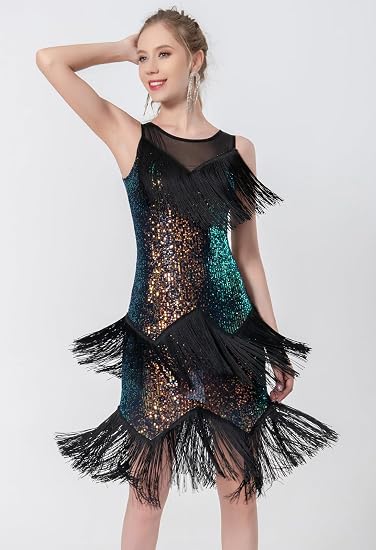Women's Salsa Latin Dance Dress Glitter Sequin Fringe Flapper Party Ballroom Outfit