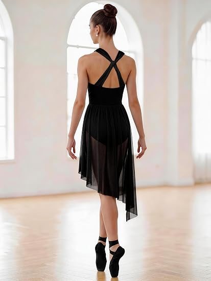 Women Contemporary Dance Costume Lyrical Dress Ruched Sweetheart Neck Crisscross Back Asymmetric Mesh Skirt