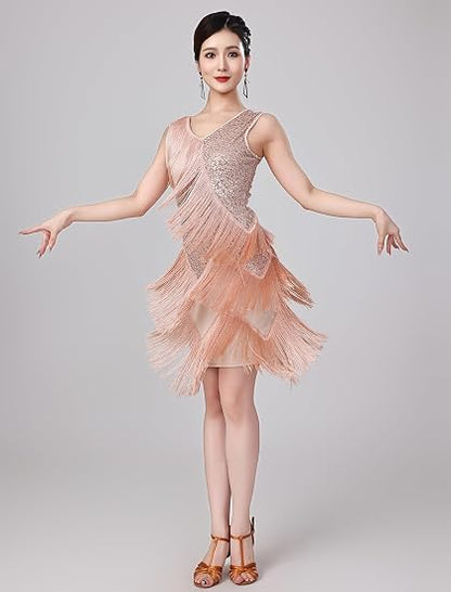 Women Sexy Fringe Latin Dance Dress Sequins Flapper Tassel Jazz Costume Sleeveless V-Neck Dancing Party Outfit
