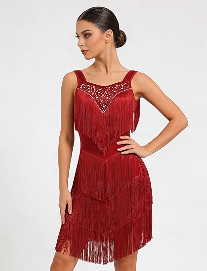 Women's Latin Dance Dress - Sparkly Rhinestones Fringe Salsa Ballroom Dance Outfit Stage Performance Costume