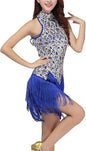 Women's Mock Neck Sequin Tassel Fringe Dress Salsa Latin Ballroom Rave Party Dance Costume