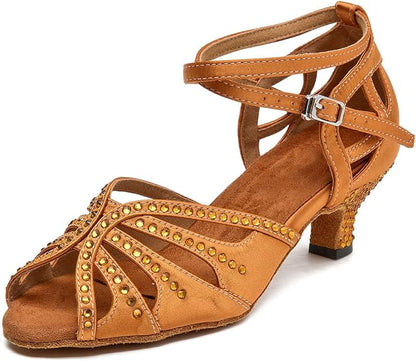Women’s Ballroom Latin Salsa Dance Shoes, 2-Inch Low Heel, Comfortable with Rhinestones, Suede Sole, Lightweight, for Beginners, Practice, Social & Party