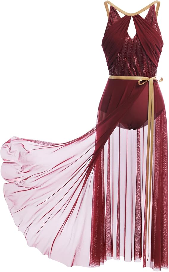 Lyrical Dance Costume for Women Lace Sleeveless Leotard Sheer Flowy Long Wrap Skirt 2pcs Outfit