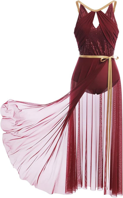 Lyrical Dance Costume for Women Lace Sleeveless Leotard Sheer Flowy Long Wrap Skirt 2pcs Outfit