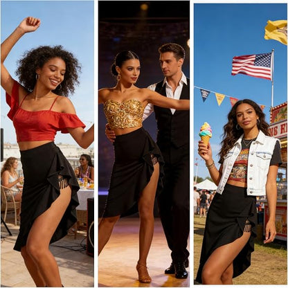 Black Skirt with Slit Asymmetrical Latin Dance Skirt with Shorts Salsa Ballroom Dance Clothes