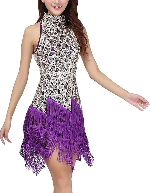 Women's Mock Neck Sequin Tassel Fringe Dress Salsa Latin Ballroom Rave Party Dance Costume