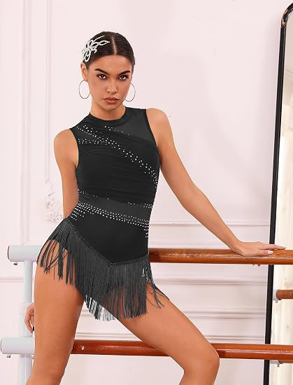 Rhinestone Fringe Bodysuit Women Sparkly Tassel Romper Dress Mesh Latin Jazz Dance Leotard Rave Outfits Disco Pole Dancewear