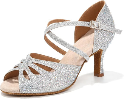 Women's Rhinestones Latin Ballroom Dance Shoes Ankle Strap Peep Toe