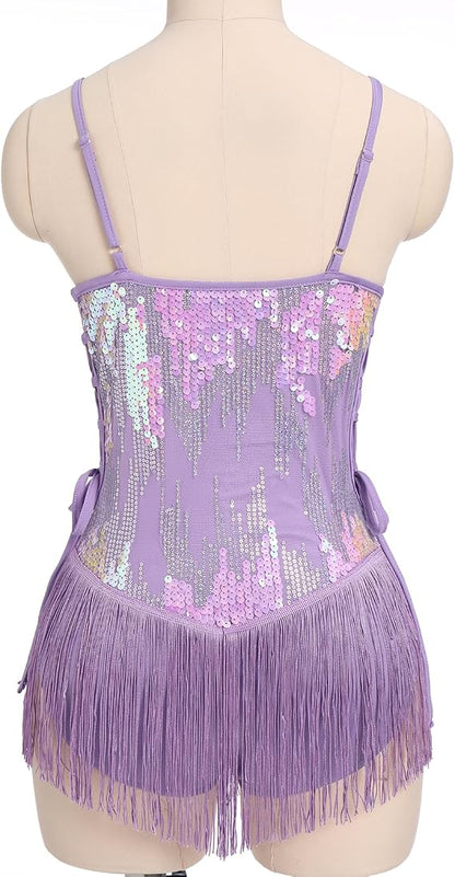 Sequin Fringe Bodysuit for Women Sparkly Hollow Out Tassel Romper Leotard Rave Latin Jazz Dance Costume