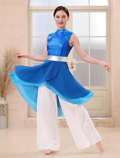 Metallic Color Block Praise Dance Overlay Dress for Women Asymmetrical Ruffle Worship Tunic Liturgical Dancewear