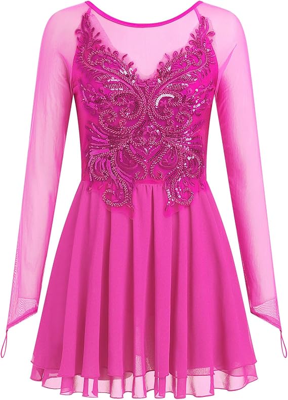 Women's Figure Ice Skating Dress Shiny Rhinestones Ballet Dance Dress Long Sleeve Competition Lyrical Chiffon Dress