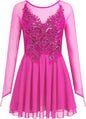 Women's Figure Ice Skating Dress Shiny Rhinestones Ballet Dance Dress Long Sleeve Competition Lyrical Chiffon Dress