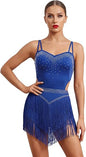 Rhinestone Fringe Bodysuit Women Sparkly Latin Jazz Dance Costume Halter Tassel Fringe Romper Acrobat Trapeze Outfits