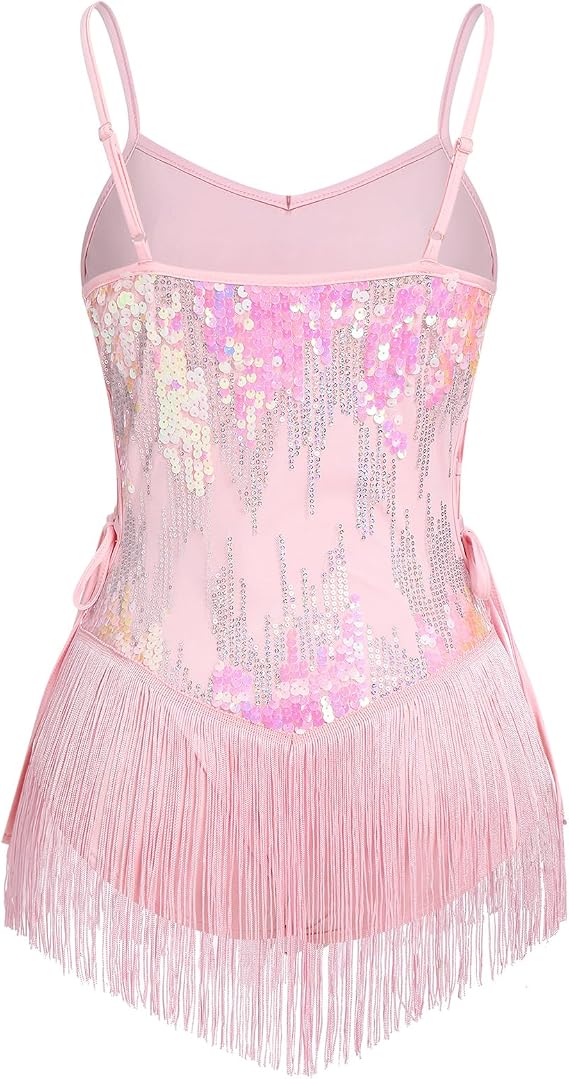 Women Sparkly Sequin Tassel Fringe Bodysuit Cami Strap Latin Dance Leotard Jumpsuit Festival Rave Outfits